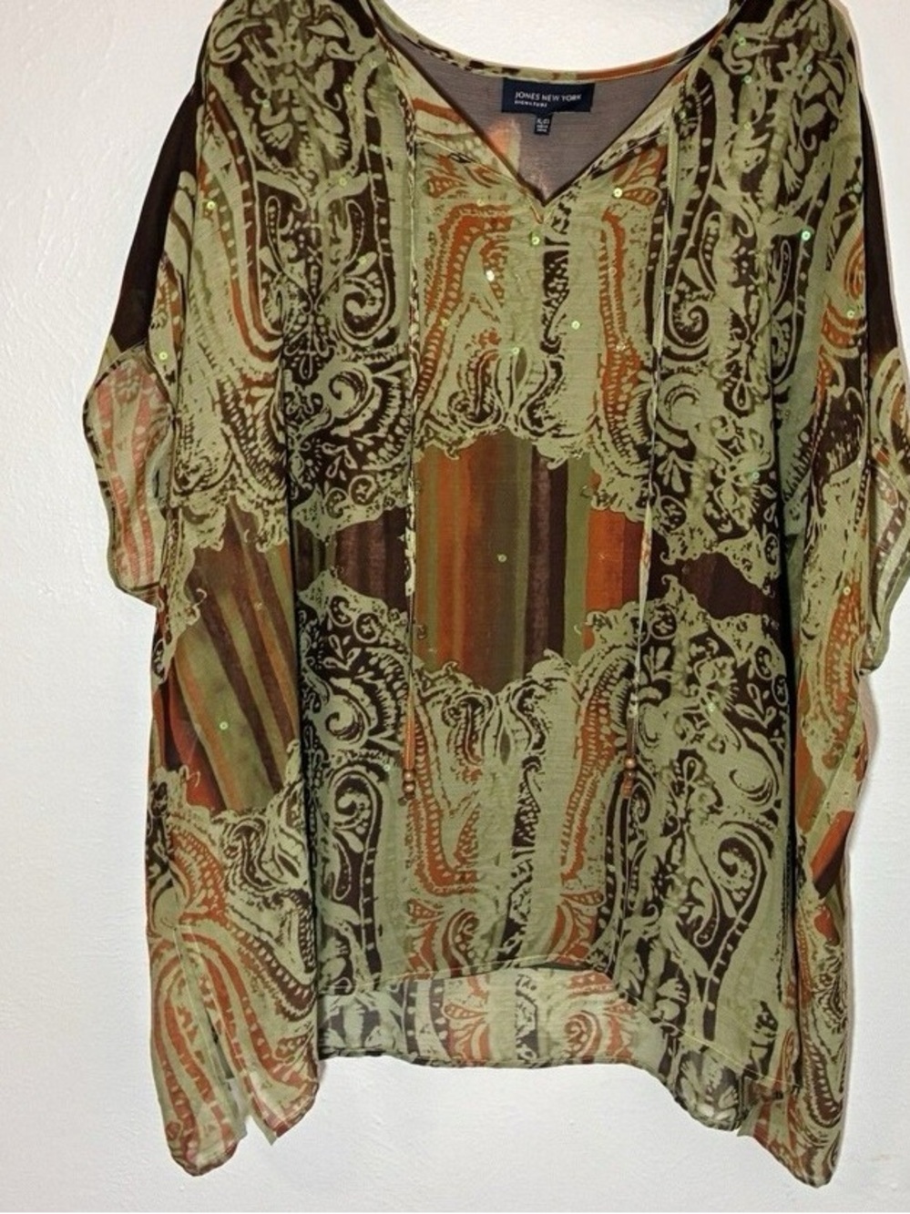 Jones New York Olive Green and Brown Paisley Sheer Tunic